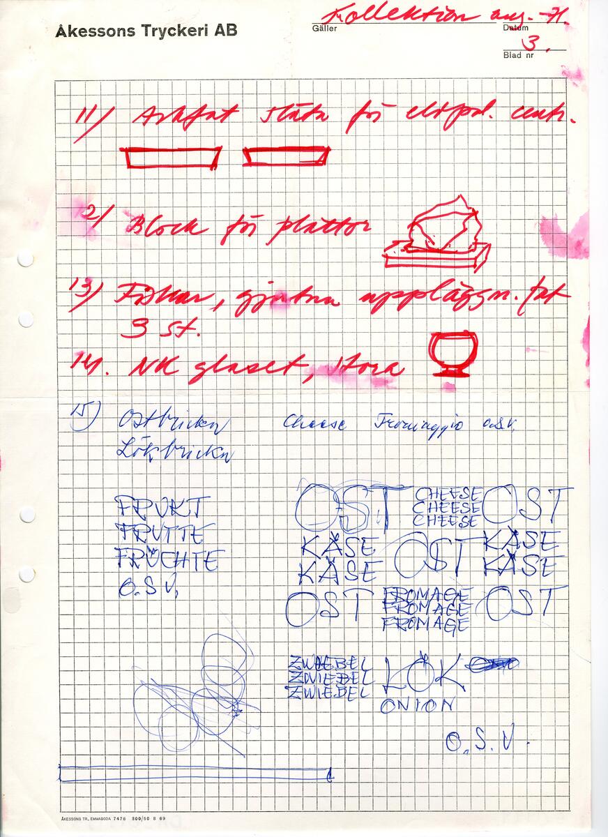 Materialet innehåller skisser till vaser, kannor, servisglas, snäckor, ishinkar, gravyrer m.m. . Det ingår även handlingar och korrespondens angående produkter och utbyte av ideér med olika uppdragsgivare och företag.