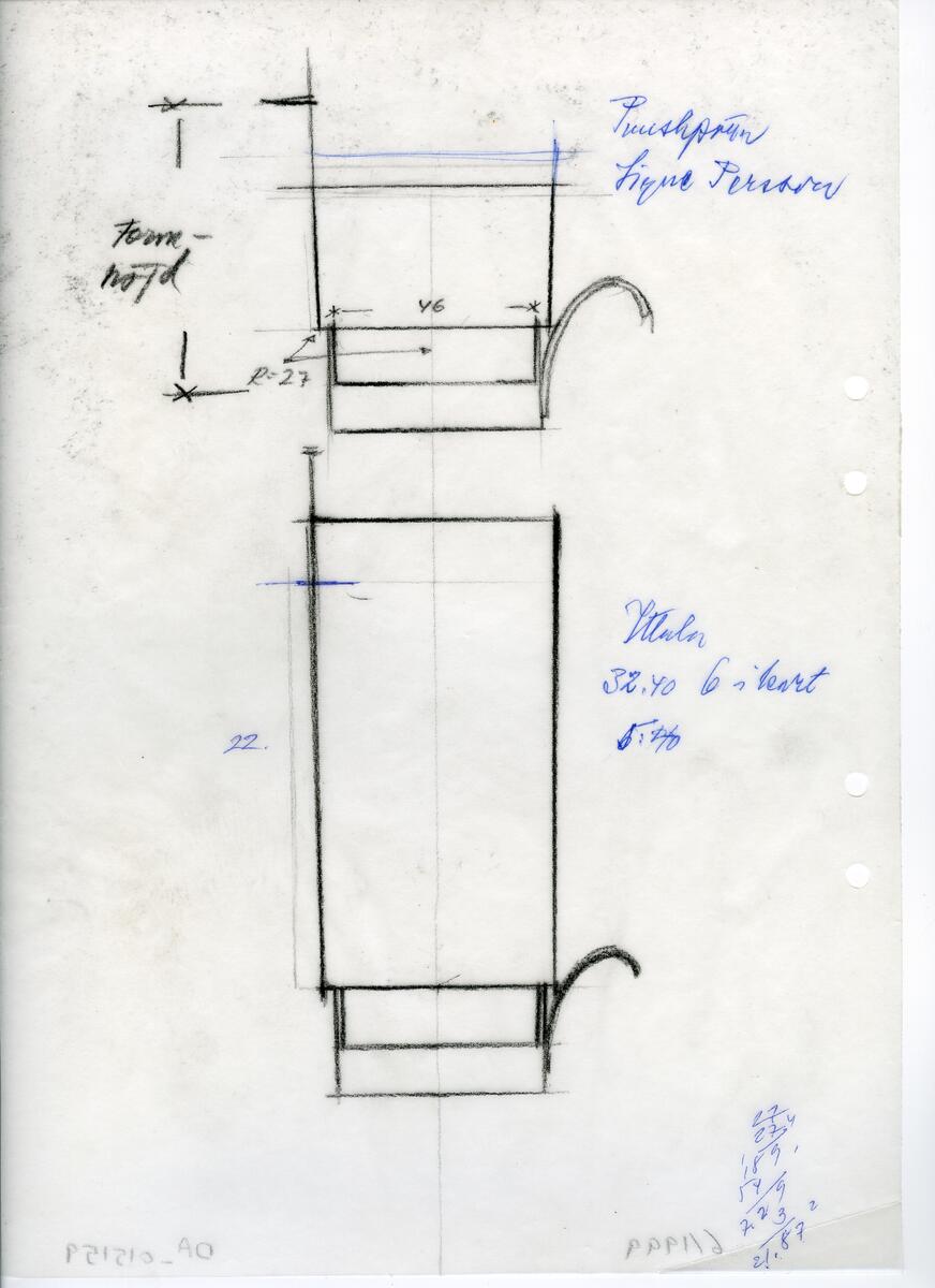 Materialet innehåller skisser till vaser, kannor, servisglas, snäckor, ishinkar, gravyrer m.m. . Det ingår även handlingar och korrespondens angående produkter och utbyte av ideér med olika uppdragsgivare och företag.