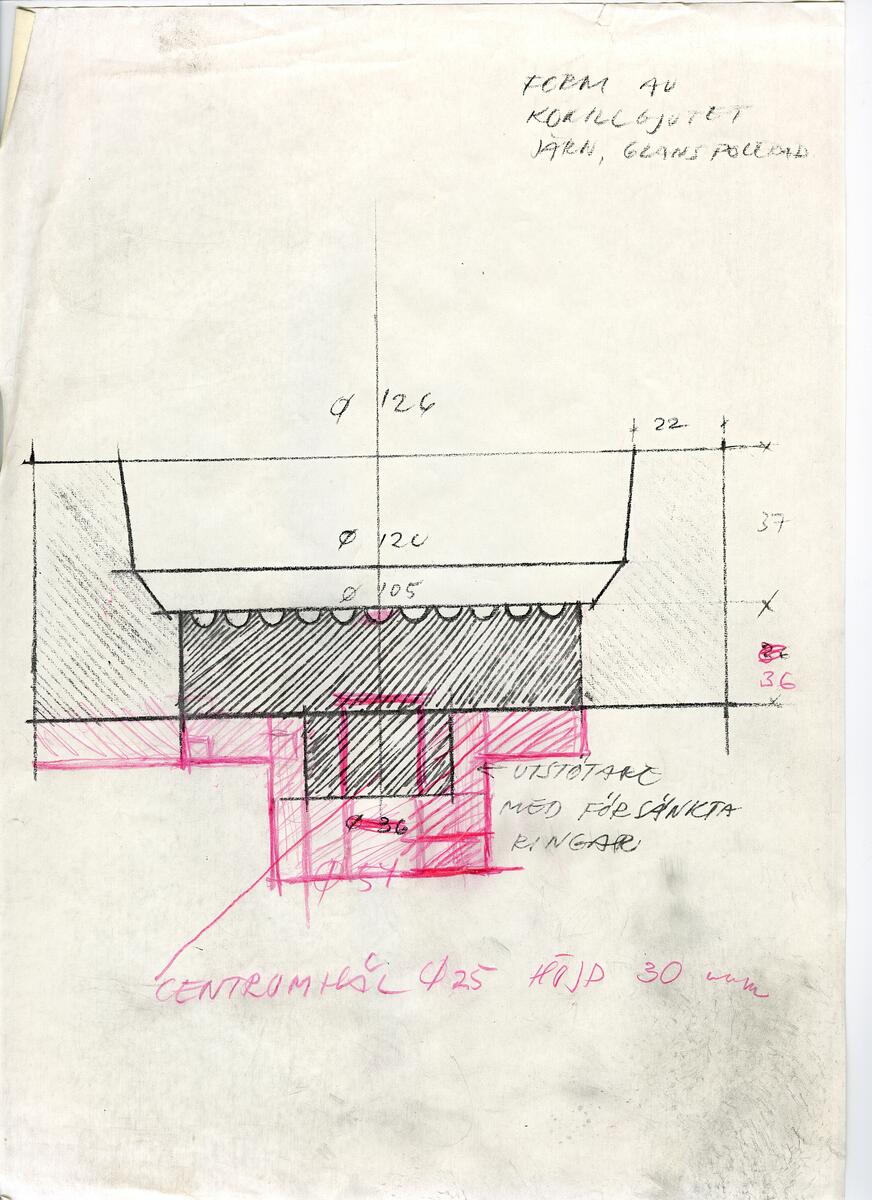 Materialet innehåller skisser till vaser, kannor, servisglas, snäckor, ishinkar, gravyrer m.m. . Det ingår även handlingar och korrespondens angående produkter och utbyte av ideér med olika uppdragsgivare och företag.
