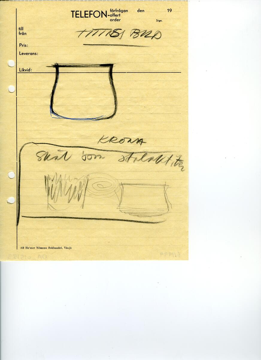 Materialet innehåller skisser till vaser, kannor, servisglas, snäckor, ishinkar, gravyrer m.m. . Det ingår även handlingar och korrespondens angående produkter och utbyte av ideér med olika uppdragsgivare och företag.