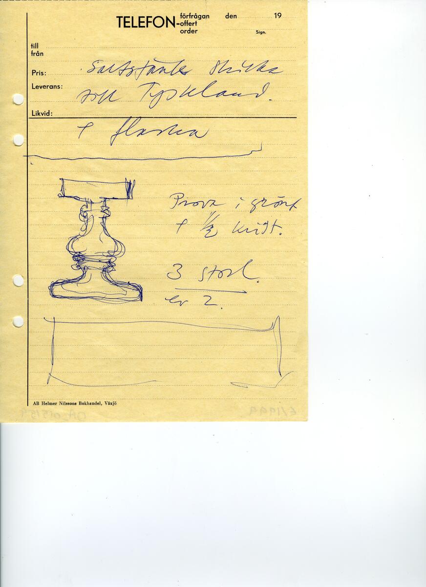 Materialet innehåller skisser till vaser, kannor, servisglas, snäckor, ishinkar, gravyrer m.m. . Det ingår även handlingar och korrespondens angående produkter och utbyte av ideér med olika uppdragsgivare och företag.