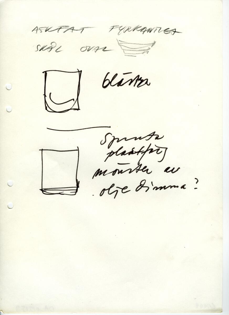 Materialet innehåller skisser till vaser, kannor, servisglas, snäckor, ishinkar, gravyrer m.m. . Det ingår även handlingar och korrespondens angående produkter och utbyte av ideér med olika uppdragsgivare och företag.