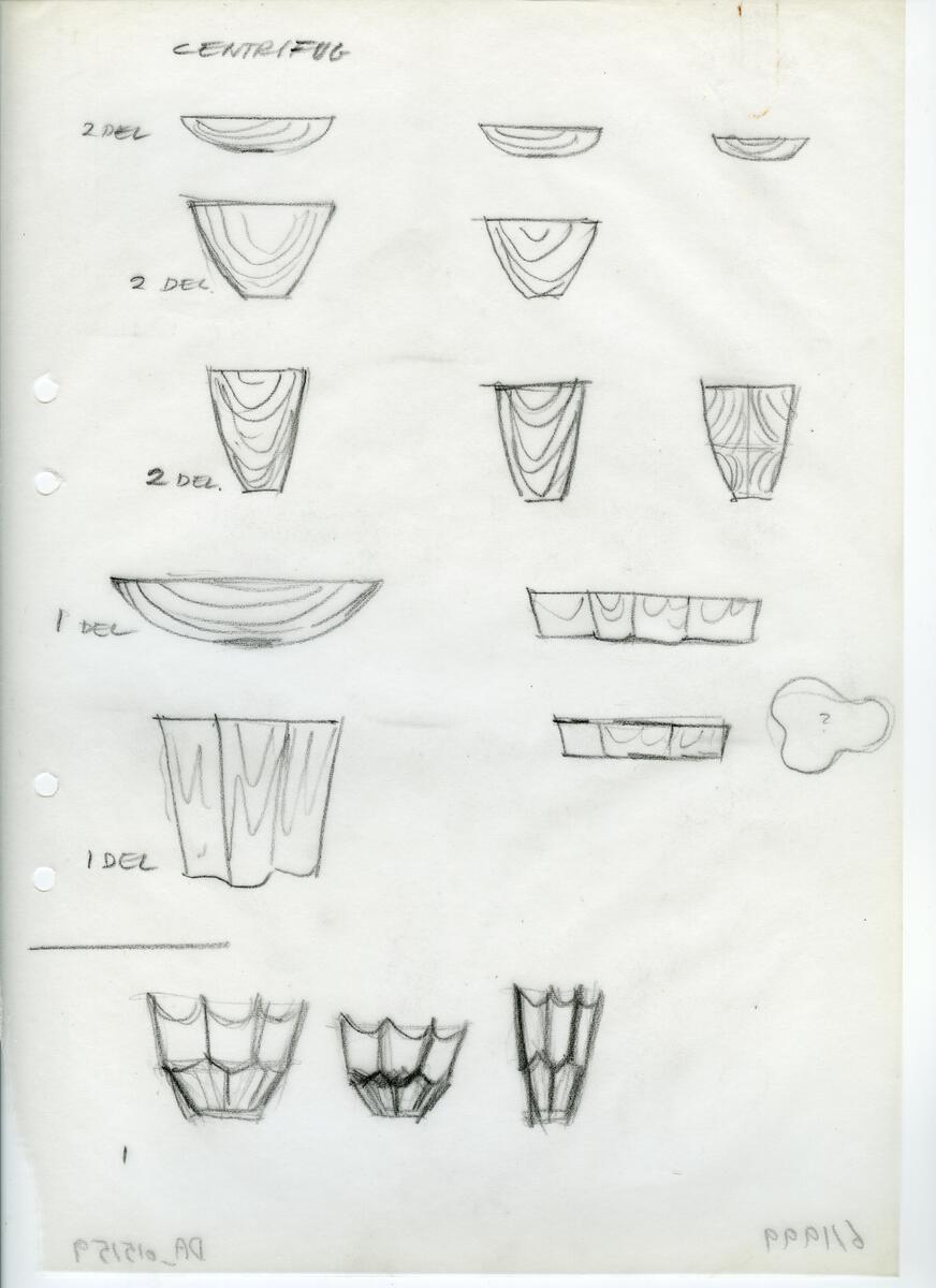 Materialet innehåller skisser till vaser, kannor, servisglas, snäckor, ishinkar, gravyrer m.m. . Det ingår även handlingar och korrespondens angående produkter och utbyte av ideér med olika uppdragsgivare och företag.