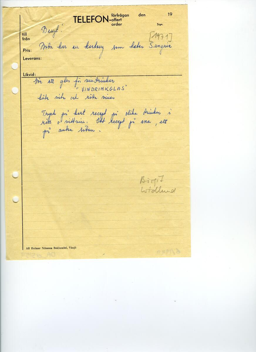 Materialet innehåller skisser till vaser, kannor, servisglas, snäckor, ishinkar, gravyrer m.m. . Det ingår även handlingar och korrespondens angående produkter och utbyte av ideér med olika uppdragsgivare och företag.