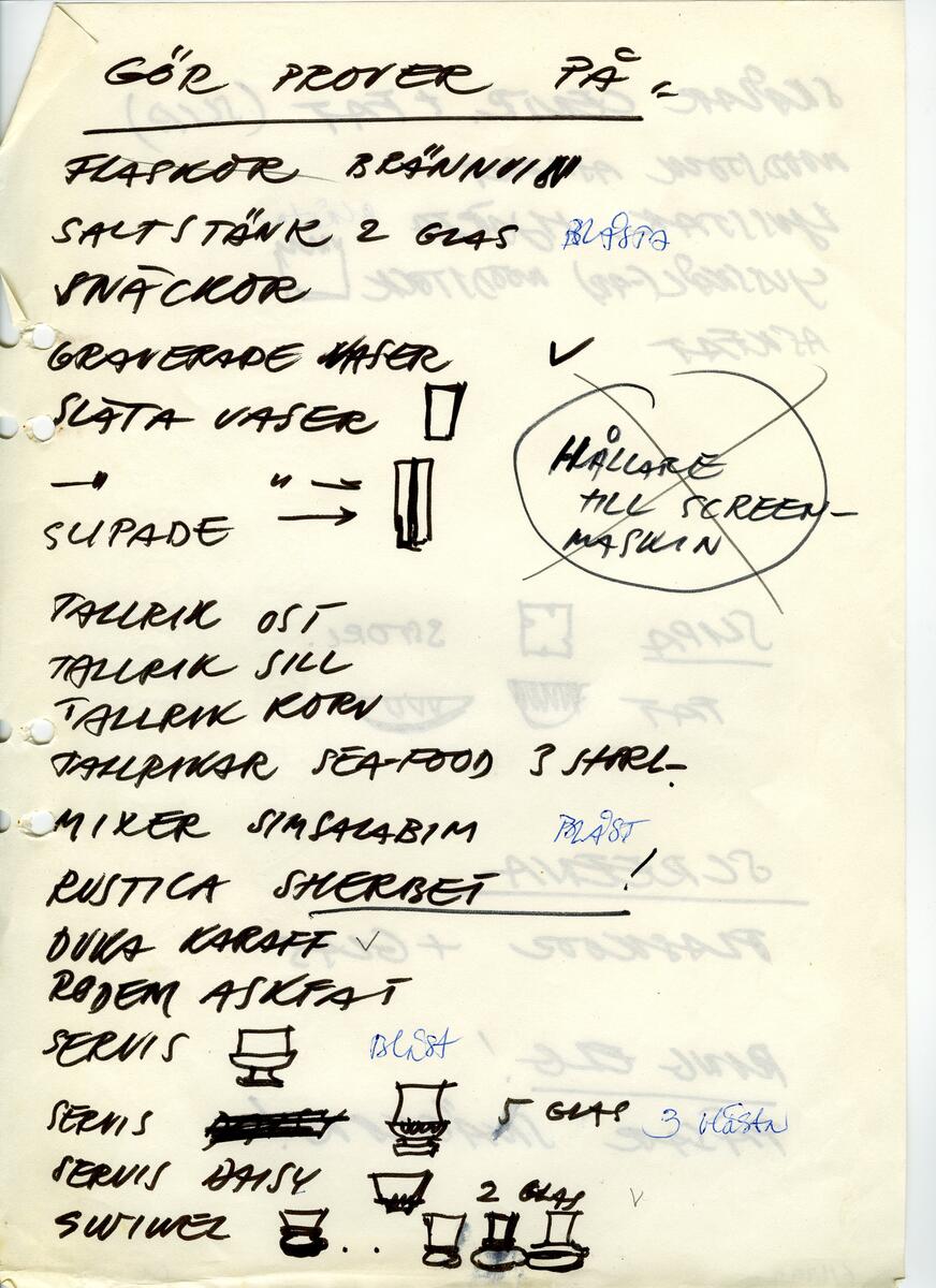 Materialet innehåller skisser till vaser, kannor, servisglas, snäckor, ishinkar, gravyrer m.m. . Det ingår även handlingar och korrespondens angående produkter och utbyte av ideér med olika uppdragsgivare och företag.