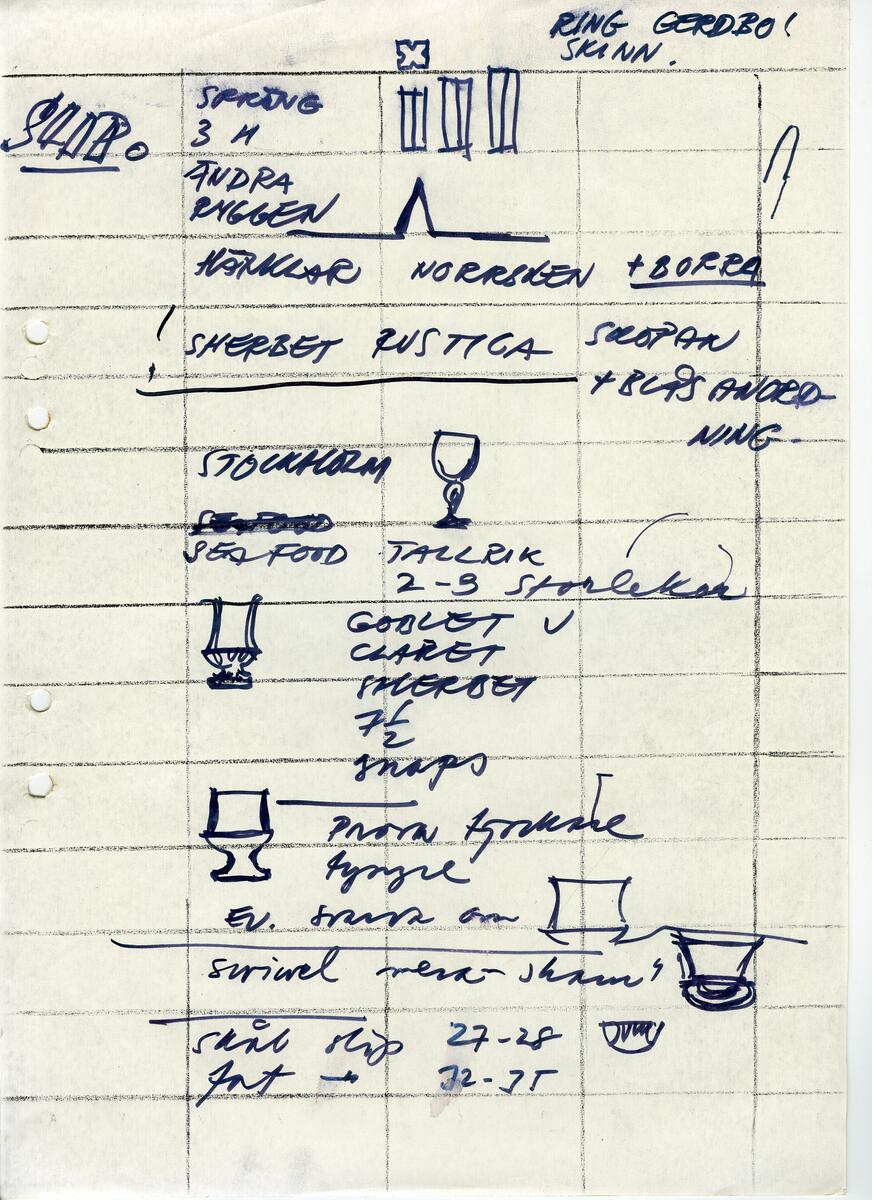 Materialet innehåller skisser till vaser, kannor, servisglas, snäckor, ishinkar, gravyrer m.m. . Det ingår även handlingar och korrespondens angående produkter och utbyte av ideér med olika uppdragsgivare och företag.