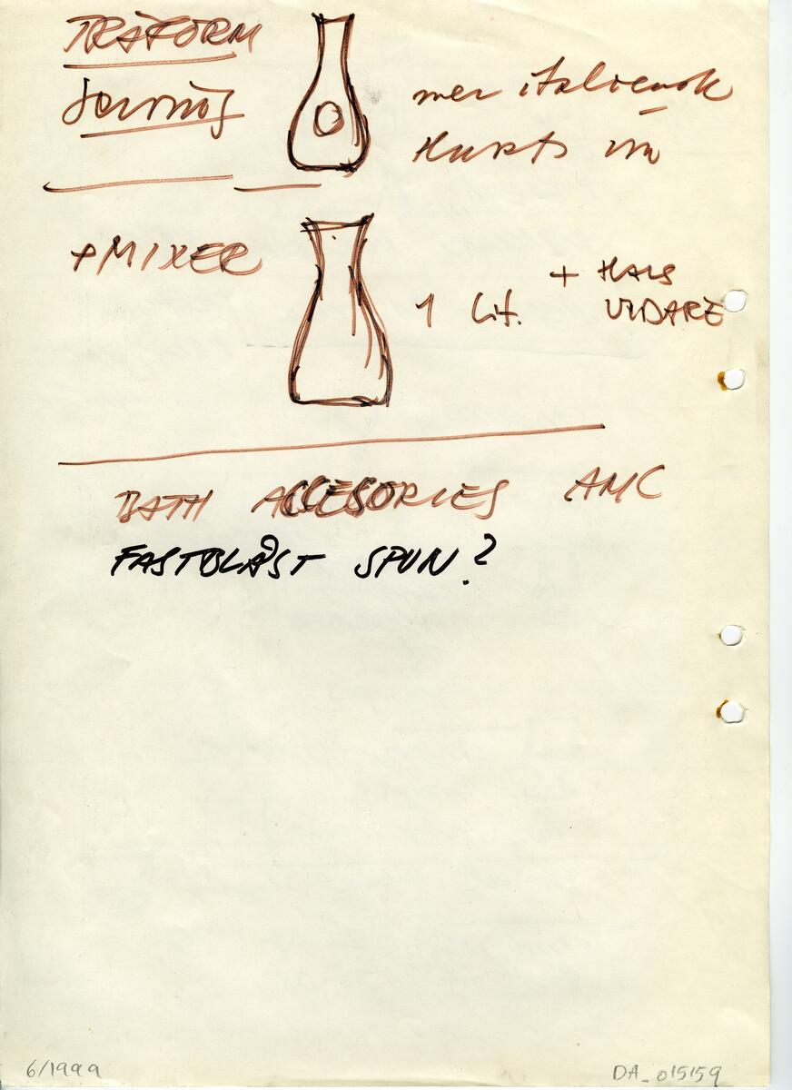 Materialet innehåller skisser till vaser, kannor, servisglas, snäckor, ishinkar, gravyrer m.m. . Det ingår även handlingar och korrespondens angående produkter och utbyte av ideér med olika uppdragsgivare och företag.