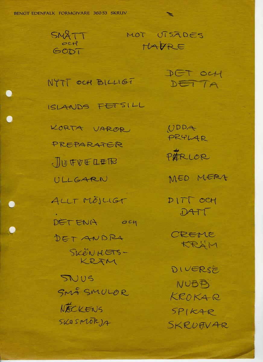 Materialet innehåller skisser till vaser, kannor, servisglas, snäckor, ishinkar, gravyrer m.m. . Det ingår även handlingar och korrespondens angående produkter och utbyte av ideér med olika uppdragsgivare och företag.