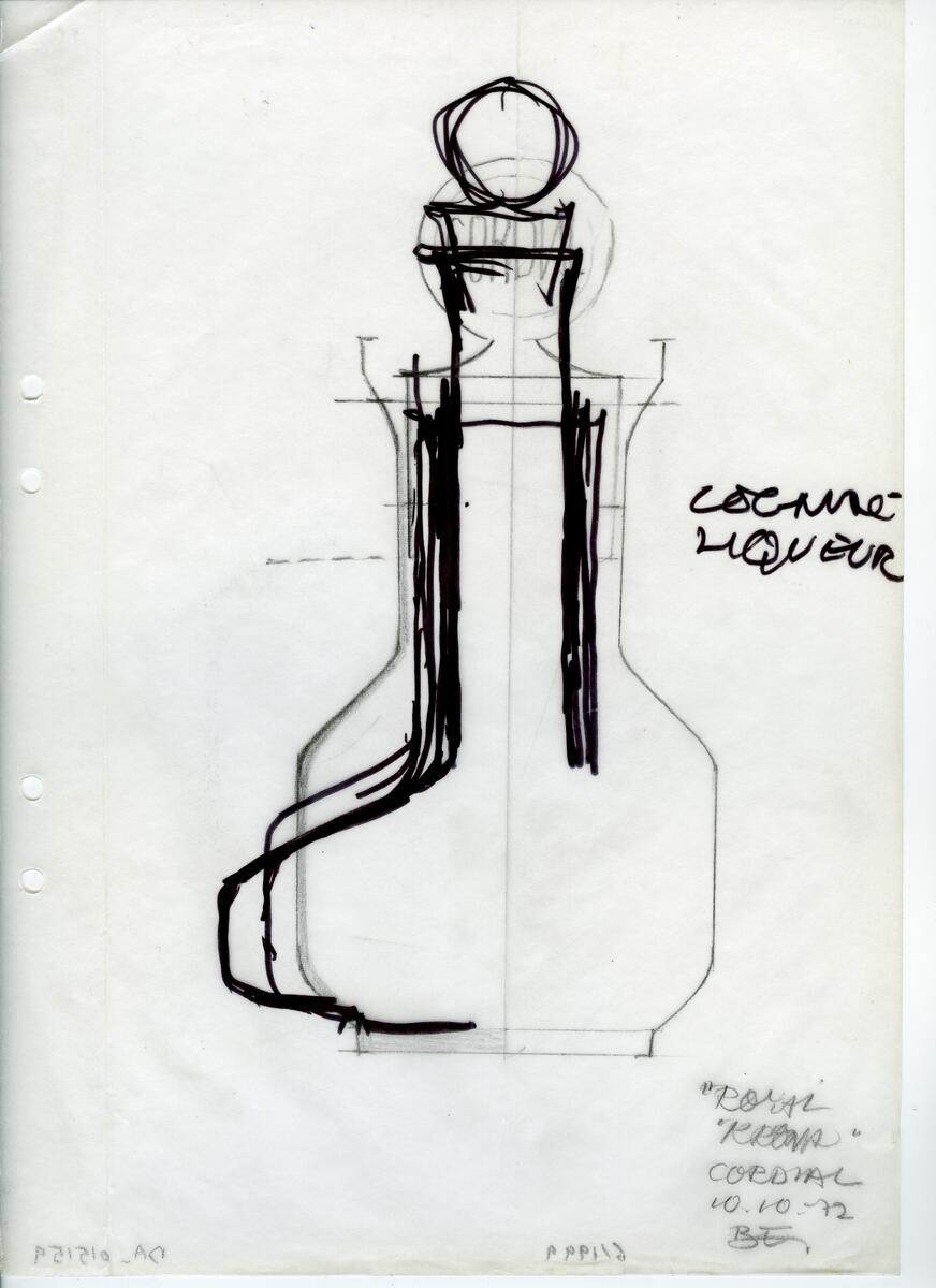 Materialet innehåller skisser till vaser, kannor, servisglas, snäckor, ishinkar, gravyrer m.m. . Det ingår även handlingar och korrespondens angående produkter och utbyte av ideér med olika uppdragsgivare och företag.