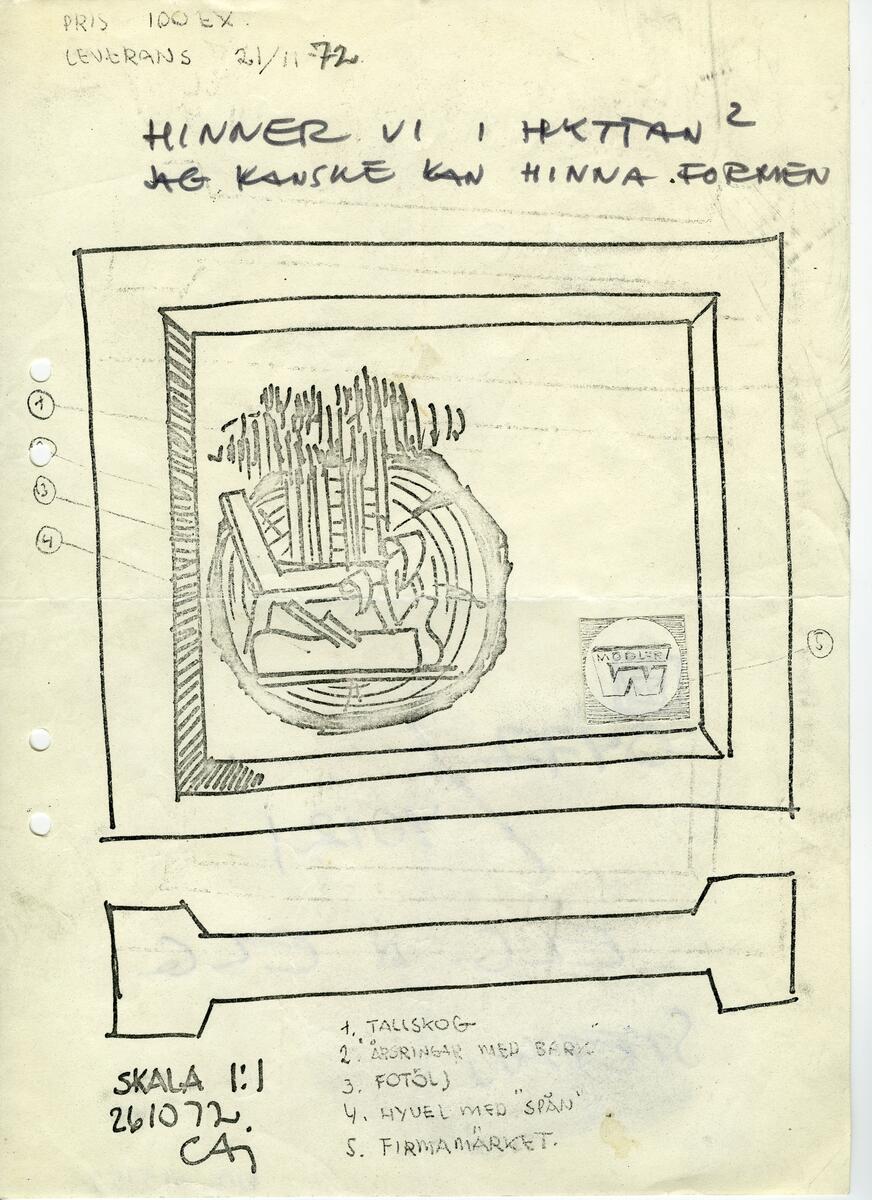 Materialet innehåller skisser till vaser, kannor, servisglas, snäckor, ishinkar, gravyrer m.m. . Det ingår även handlingar och korrespondens angående produkter och utbyte av ideér med olika uppdragsgivare och företag.