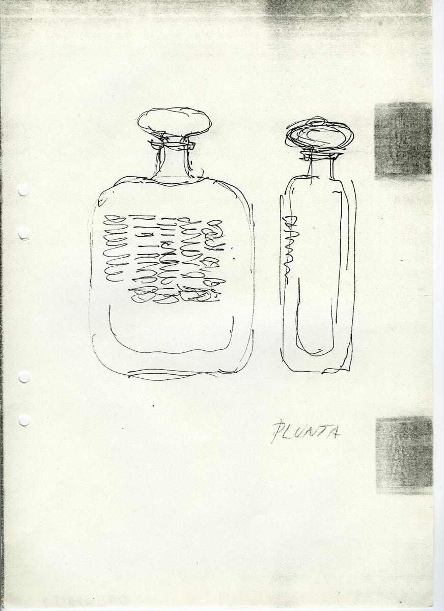 Materialet innehåller skisser till vaser, kannor, servisglas, snäckor, ishinkar, gravyrer m.m. . Det ingår även handlingar och korrespondens angående produkter och utbyte av ideér med olika uppdragsgivare och företag.