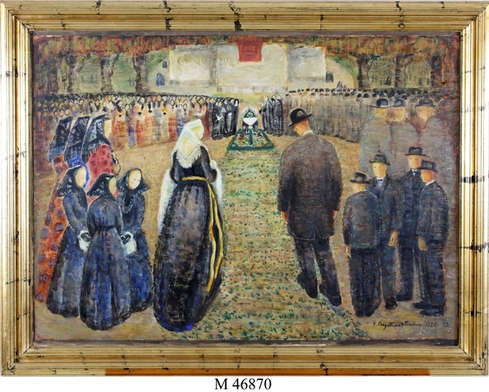 Gouache.
Kyrkbacke vid sekelskiftet (symbolisk framställning).
Mått: 1200 x 920 mm med ram.

Inskrivet i huvudbok 1987.
Montering/Ram: Profilerad förgylld ram.