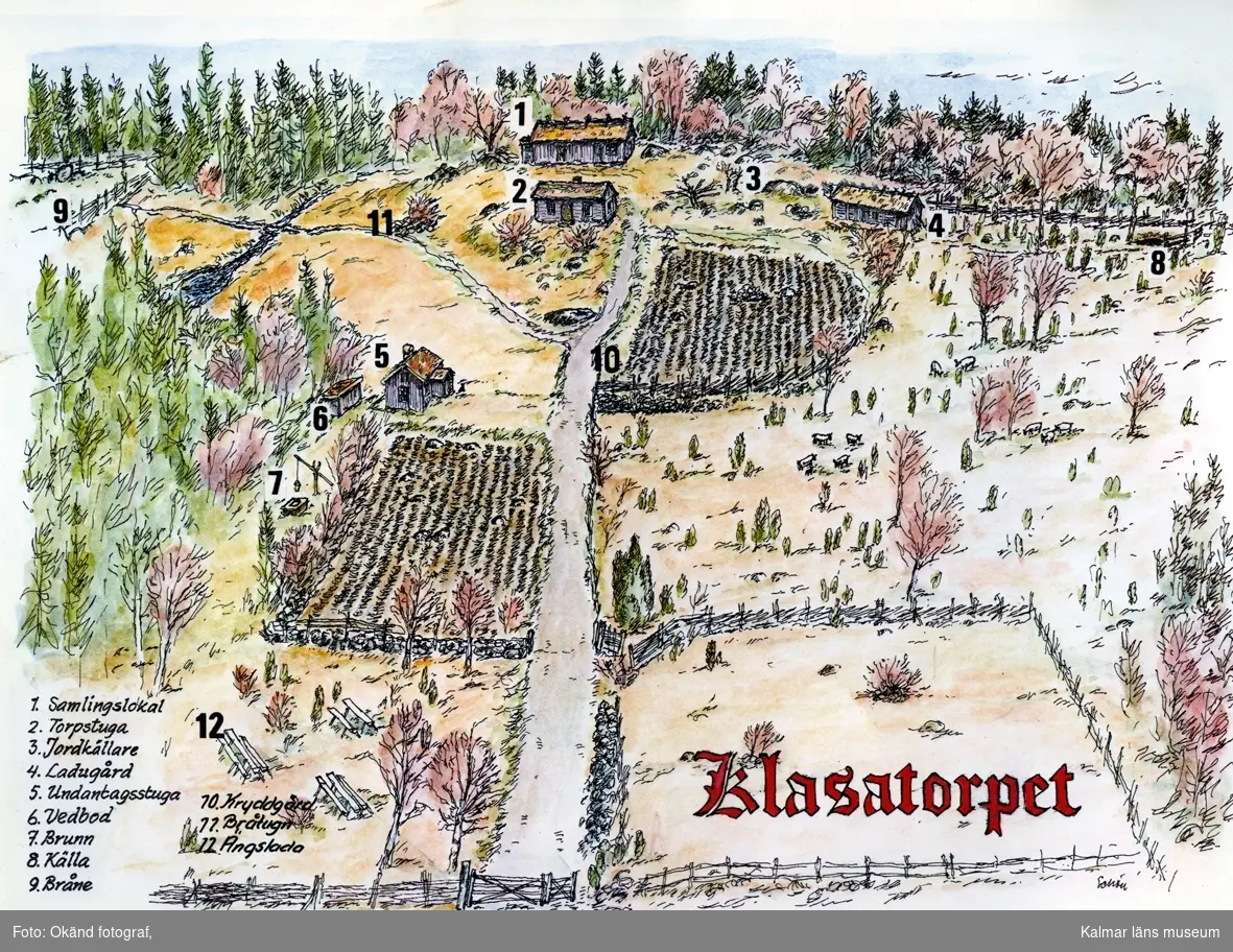 Vykort med översikt av Klasatorpet. Torpstugan (2) byggdes 1804, knuttimrad med vardagsrum, kammare och kök.

Ladugården (4), sannolikt från samma tid, har fähus för två kor, lada, loge, la(d) och vagnbod samt tillbyggt halmskjul.

(3) Jordkällare huvudsakligen för vinterförvaring av potatis.

Samlingslokalen (1) är ett 1938 ombyggt uthus inrymmande snickarbod och vedbod.

Undantagsstugan (5) byggdes omkring 1890, knuttimrad med ett rum och kök.
Till denna hör vedbod och dass (6). 

Från vattenkällan (8) i hagen hämtades förr dricksvatten, senare användes vattnet för tvätt.

Brunnen (7) grävdes 1935.

Brånen (11) (svedjeland) utanför det egentliga torpet brändes 1971 av hembygdsföreningen och odlades de första åren med potatis och råg.

(10) Kryddgård anlagd 1985.

(11) Bråtugn (brytugn) för torkning av lin, rekonstruerad 1984.

(12) Ängslada (madhus), i ortstypisk stil, nyuppförd 1984."