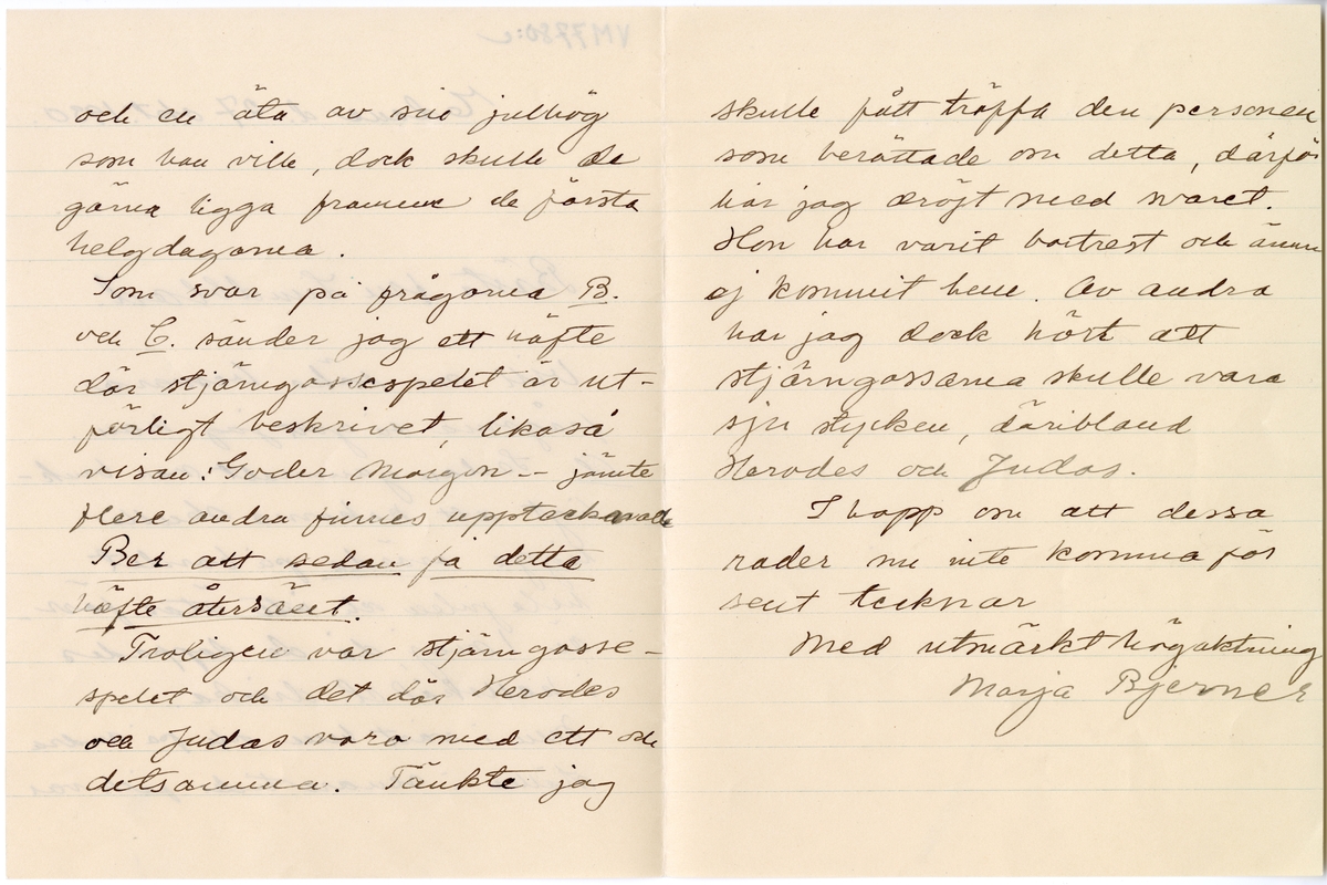 Brevsamling från skilda personer i Värmland rörande gamla julseder.
:3 Marja Bjerner, Edane 3/12 1928. Till fru Anna Lundblad.