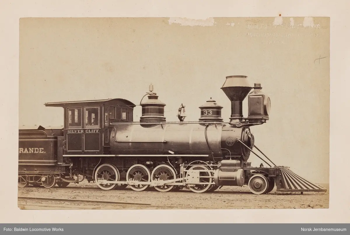 Baldwins leveransefoto av damplokomotiv NR. 33 SILVER CLIFF levert til Denver and Rio Grande Railroad, USA i 1878. Baldwin byggenummer 4504. Sporvidde 3 fot