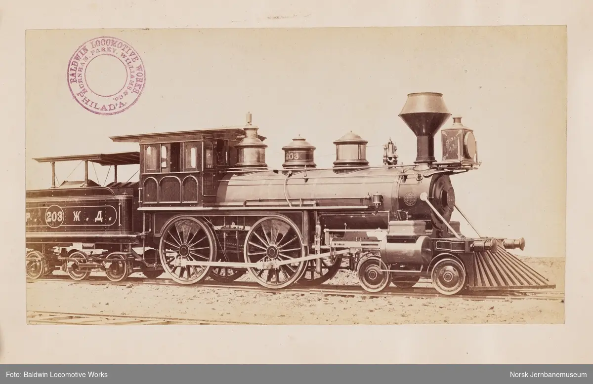 Baldwins leveransefoto av damplokomotiv nr. 203 levert til Southeastern Ry. 
i Russland i 1872. Baldwin byggenummer 2852. Ukjent sporvidde
