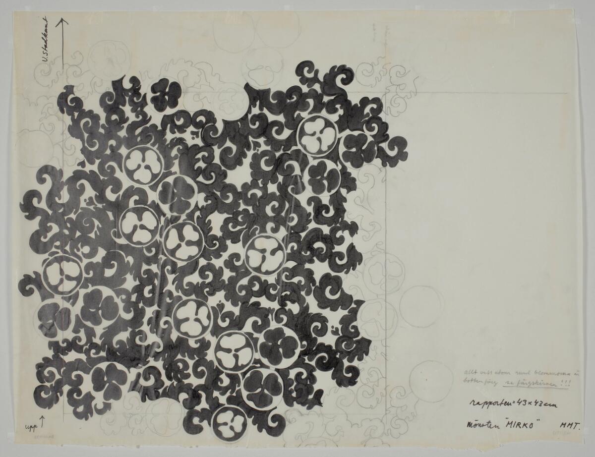 Skiss textiltryck små svarta slingerblommor på vit botten.