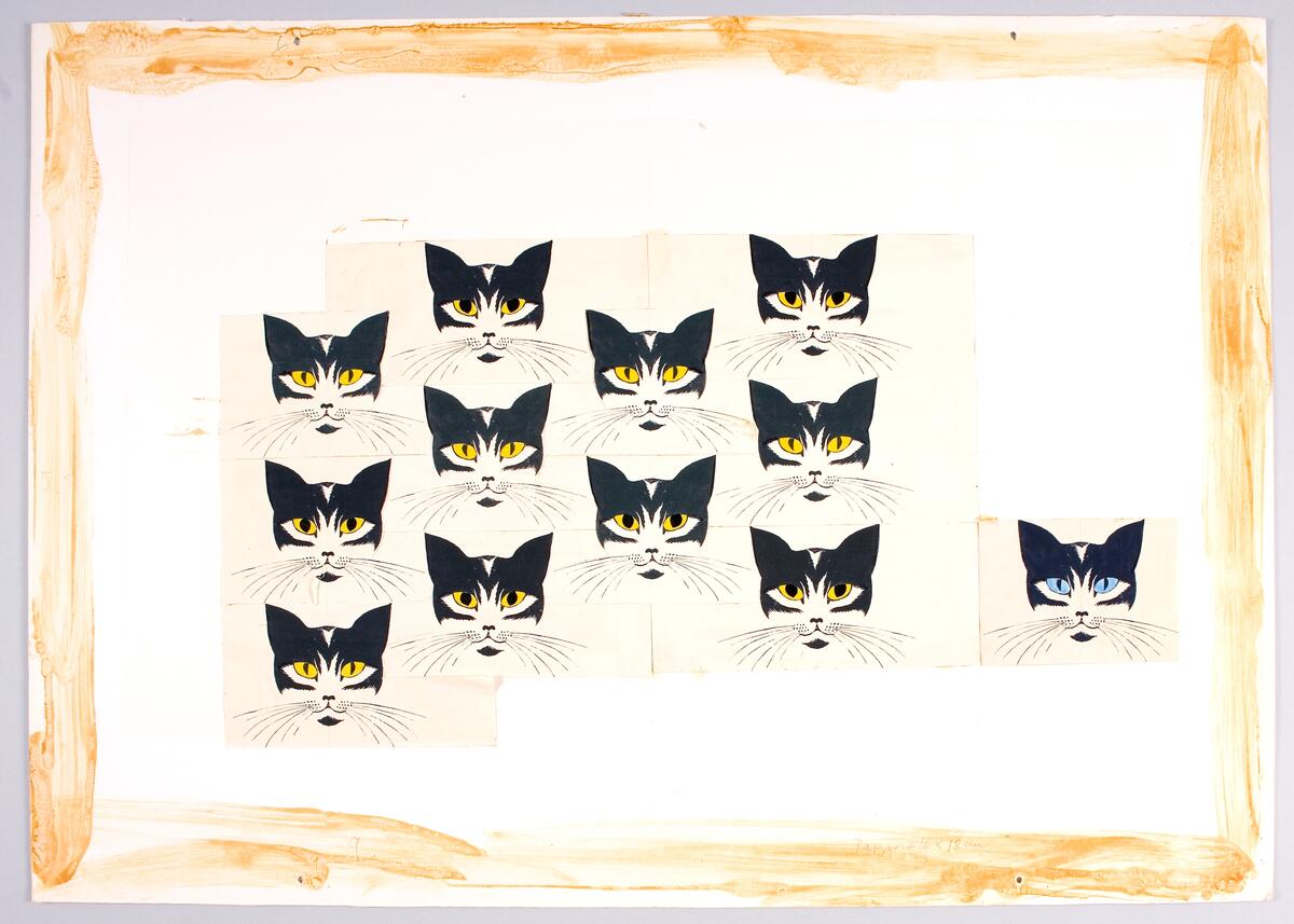 Skiss mönster med kattor. Collage med 12 kattansikten. Ögonen blanka. Monterad på kartong.