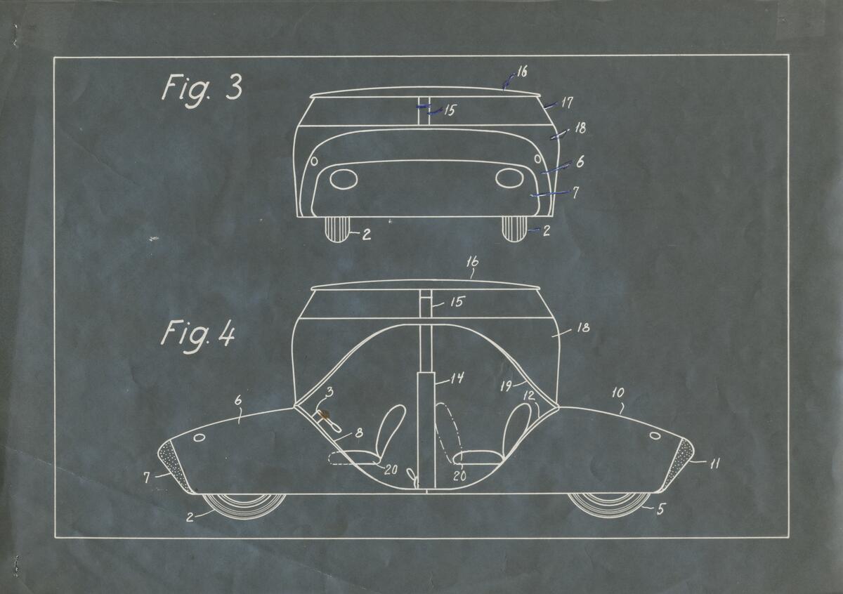 Skisser till en mer funktionell bil med dörrar som skulle öppnas uppåt istället för utåt samt strålkastare på taket.