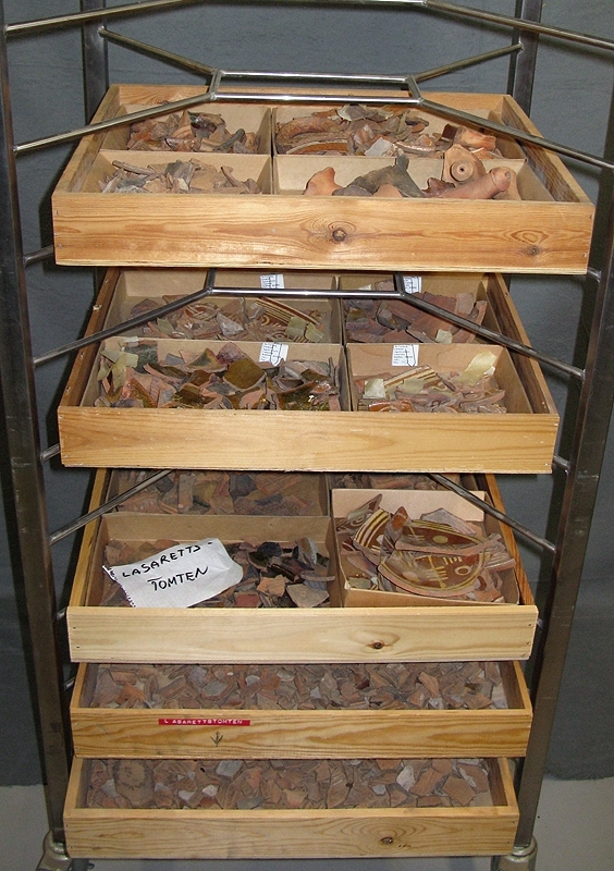 Fynden är uppdelade på 65 fyndposter och består av en större mängd ihopsamlade och framgrävda fynd, främst keramik, ca 25 000 st, ca 27 kg, förvarat i 8 backar.
Då det mesta är felbränt yngre rödgods; grytor, krukor och fat, påvisar fynden förekomsten av ett krukmakeri. Om detta har varit samtida med staden då den låg där, eller har tillkommit strax därefter är okänt.
Övriga fynd är drygt 100 kritpipsfragment varav 8 huvuden, enstaka fajans- och stengodsskärvor, lite glas samt en sölja och ett kopparmynt från 1720 (troligen förkommet på Varbergs museum enligt rapporten).
Därtill finns fyra fyndbackar med uppskattningsvis tusentals fragment, omkring 25 kg, keramik och lite kakel ifrån ”Lasarettstomten”. Troligen är detta föremål från schakthögarna, ej närmare genomgånget, men är nog det vilket omnämns i inledningen av rapporten som det som föranledde undersökningen. Kan vara insamlat både före och efter själva undersökningen.