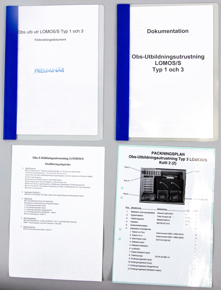 Utbildningsutrustning typ 3, LOMOS/S. Kolli 2 av 2. En låda innehållande materiel för utbildning av luftobservatörer. Innehåll enligt inventarielista: 1 st bildskärm inklusive skyddspåse, 2 st systemtelefon, 1 st telefonapparat, 1 st headset, 2 st systemtelefonkabel samt en kabelsäck med tillhörande kablar. Utöver detta finns olika typer av dokumentation samt tillhörande installations- och utbildningsprogram på CD-R/DVD-skivor samt diskett.
Förvarat i en rektangulärformad låda i miltärgrönt utförande. Lådan är märkt med: "OBS UTB.UTR. TYP 3 LOMOS/S M8331-005310 KOLLI 2".