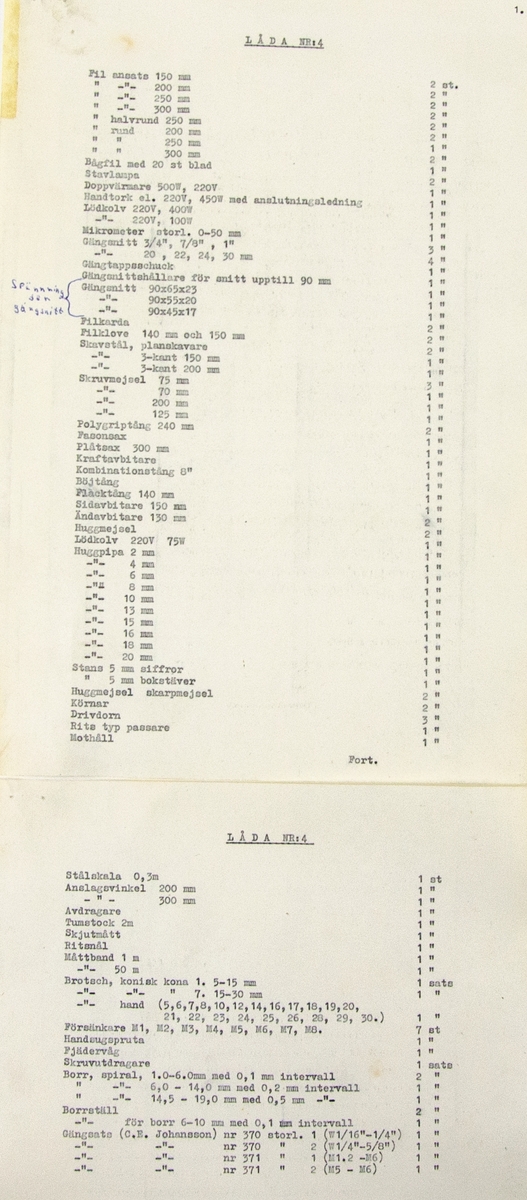 Verktygssatslåda i trä, stämplad "4". Ej komplett. Innehåller enligt inventarielista: ansatsfil, bågfil, stavlampa, doppvärmare, elhandtork, lödkolv, mikrometer, gängsnitt, gängtappsschuck, gängsnittshållare, filkarda, filklove, skavstål, skruvmejsel, polygriptång, fasonsax, plåtsax, kraftavbitare, kombinationstång, böjtång, flacktång, sidavbitare, ändavbitare, huggmejsel, huggpipa, stans, skarpmejsel, körnar, drivdorn, passare, mothåll, stålskala, anslagsvinkel, avdragare, tumstock, skjutmått, ritsnål, måttband, brotsch, försänkare, handsugspruta, fjädervåg, skruvutdragare, spiralborr, borrställ samt gängsats.