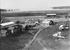 Motorprovbockarna och maskinverkstaden på Flygverkstäderna Malmen omkring 1920-1925. Flygplan Phönix och Albatros parkerade.