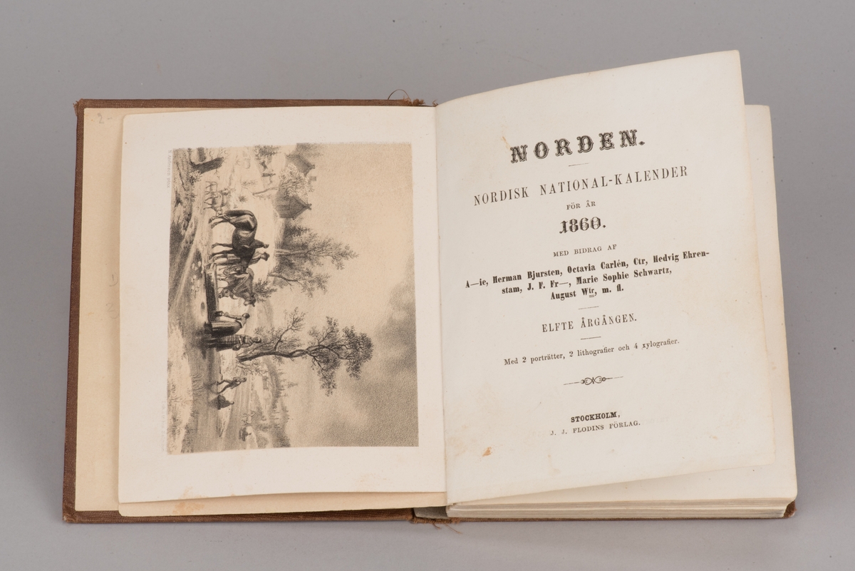 Inbunden kalender från 1860.

Brunt mönsterpressat klotband med blindpressade ramtryck på pärmarna och guldtryckt titel på främre pärmen. Titeln "NORDEN 1860" på framsidan är i guldtryck under en femuddig stjärna med strålar som bildar bakgrund till titeln.

Som försättssida i lite styvare papper finns en av Nils Anderssons genremålningar som lithografi, ett pastoralt motiv med djur och människor kring och vid stranden av en frusen sjö. På sidan 117 till 121 finns en artikel om "N. Andersson." som illustreras av ett porträtt av konstnären, även detta en lithografi på ett lite styvare papper. Båda lithografierarna är tryckta hos Salmson. 

På insidan av den främre pärmen finns en inskrift som visar att kalendern skänkts från Nils Andersson till Sven Johan Jacobsson.

Det ligger ett bokmärke mellan sidorna  50 och 51, vid dikten "Vid Augustin Ehrensvärds graf på Sveaborg."