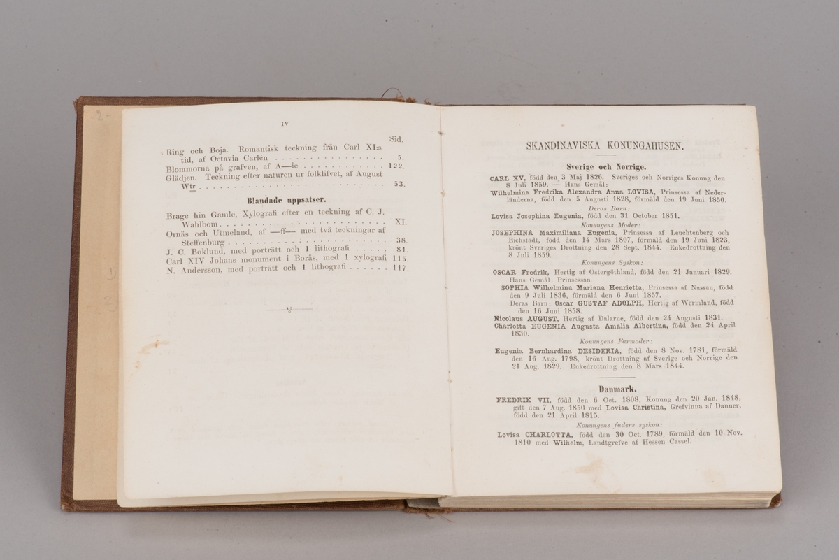 Inbunden kalender från 1860.

Brunt mönsterpressat klotband med blindpressade ramtryck på pärmarna och guldtryckt titel på främre pärmen. Titeln "NORDEN 1860" på framsidan är i guldtryck under en femuddig stjärna med strålar som bildar bakgrund till titeln.

Som försättssida i lite styvare papper finns en av Nils Anderssons genremålningar som lithografi, ett pastoralt motiv med djur och människor kring och vid stranden av en frusen sjö. På sidan 117 till 121 finns en artikel om "N. Andersson." som illustreras av ett porträtt av konstnären, även detta en lithografi på ett lite styvare papper. Båda lithografierarna är tryckta hos Salmson. 

På insidan av den främre pärmen finns en inskrift som visar att kalendern skänkts från Nils Andersson till Sven Johan Jacobsson.

Det ligger ett bokmärke mellan sidorna  50 och 51, vid dikten "Vid Augustin Ehrensvärds graf på Sveaborg."