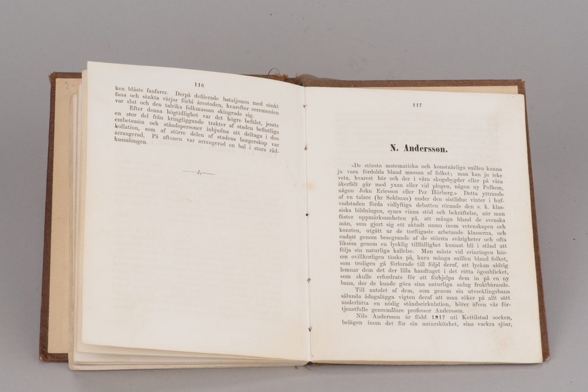 Inbunden kalender från 1860.

Brunt mönsterpressat klotband med blindpressade ramtryck på pärmarna och guldtryckt titel på främre pärmen. Titeln "NORDEN 1860" på framsidan är i guldtryck under en femuddig stjärna med strålar som bildar bakgrund till titeln.

Som försättssida i lite styvare papper finns en av Nils Anderssons genremålningar som lithografi, ett pastoralt motiv med djur och människor kring och vid stranden av en frusen sjö. På sidan 117 till 121 finns en artikel om "N. Andersson." som illustreras av ett porträtt av konstnären, även detta en lithografi på ett lite styvare papper. Båda lithografierarna är tryckta hos Salmson. 

På insidan av den främre pärmen finns en inskrift som visar att kalendern skänkts från Nils Andersson till Sven Johan Jacobsson.

Det ligger ett bokmärke mellan sidorna  50 och 51, vid dikten "Vid Augustin Ehrensvärds graf på Sveaborg."