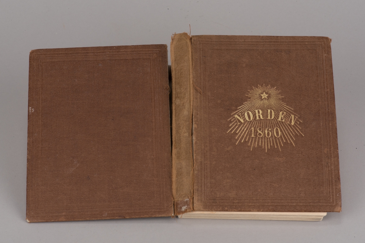 Inbunden kalender från 1860.

Brunt mönsterpressat klotband med blindpressade ramtryck på pärmarna och guldtryckt titel på främre pärmen. Titeln "NORDEN 1860" på framsidan är i guldtryck under en femuddig stjärna med strålar som bildar bakgrund till titeln.

Som försättssida i lite styvare papper finns en av Nils Anderssons genremålningar som lithografi, ett pastoralt motiv med djur och människor kring och vid stranden av en frusen sjö. På sidan 117 till 121 finns en artikel om "N. Andersson." som illustreras av ett porträtt av konstnären, även detta en lithografi på ett lite styvare papper. Båda lithografierarna är tryckta hos Salmson. 

På insidan av den främre pärmen finns en inskrift som visar att kalendern skänkts från Nils Andersson till Sven Johan Jacobsson.

Det ligger ett bokmärke mellan sidorna  50 och 51, vid dikten "Vid Augustin Ehrensvärds graf på Sveaborg."