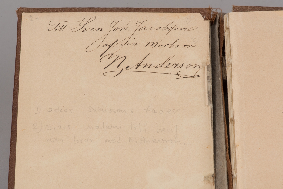 Inbunden kalender från 1860.

Brunt mönsterpressat klotband med blindpressade ramtryck på pärmarna och guldtryckt titel på främre pärmen. Titeln "NORDEN 1860" på framsidan är i guldtryck under en femuddig stjärna med strålar som bildar bakgrund till titeln.

Som försättssida i lite styvare papper finns en av Nils Anderssons genremålningar som lithografi, ett pastoralt motiv med djur och människor kring och vid stranden av en frusen sjö. På sidan 117 till 121 finns en artikel om "N. Andersson." som illustreras av ett porträtt av konstnären, även detta en lithografi på ett lite styvare papper. Båda lithografierarna är tryckta hos Salmson. 

På insidan av den främre pärmen finns en inskrift som visar att kalendern skänkts från Nils Andersson till Sven Johan Jacobsson.

Det ligger ett bokmärke mellan sidorna  50 och 51, vid dikten "Vid Augustin Ehrensvärds graf på Sveaborg."