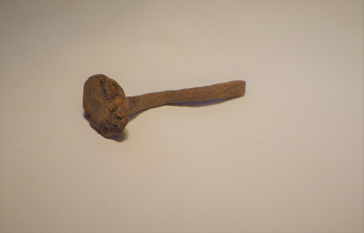 Lang og noe krokete spiker med bredt naglehode. 