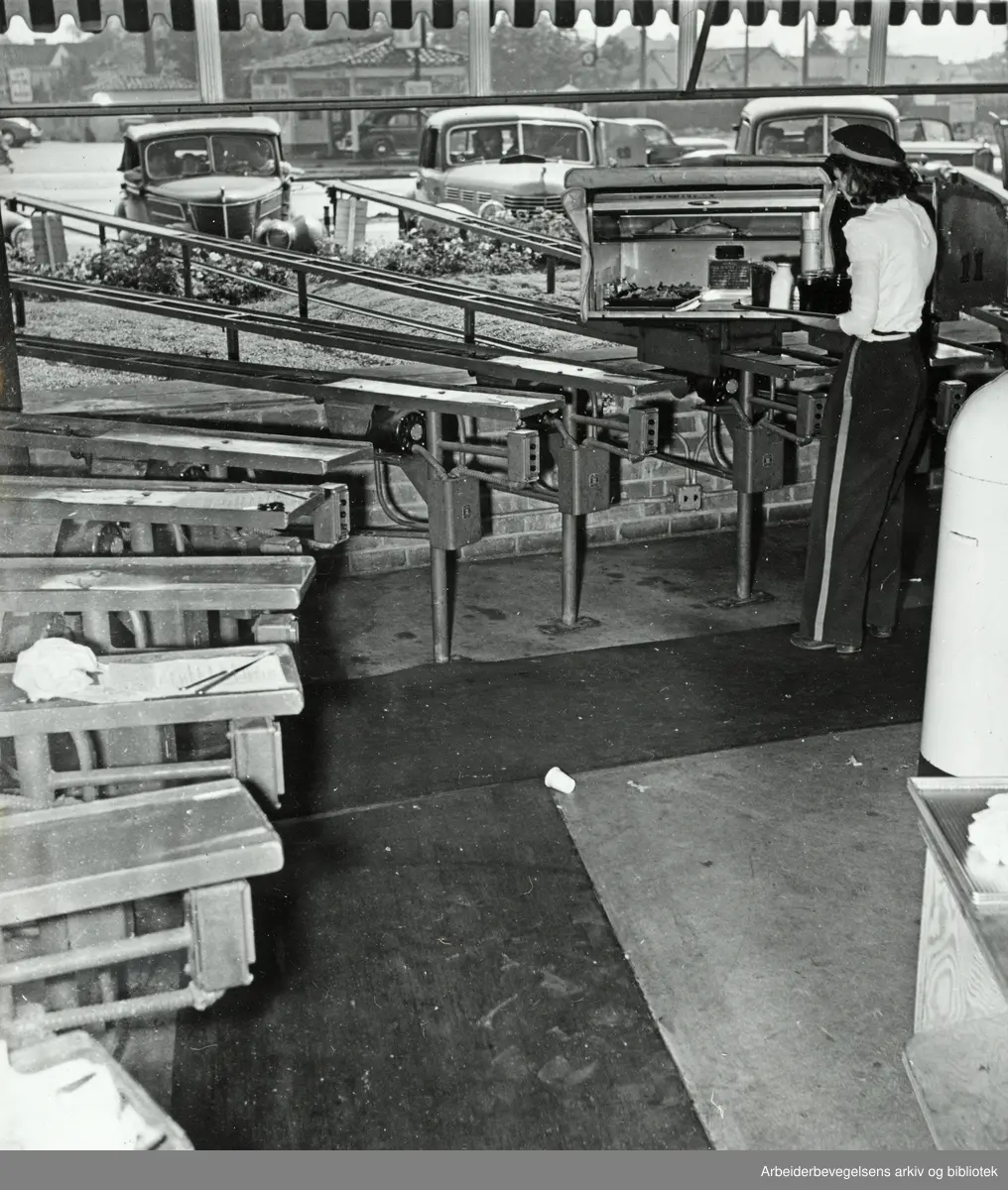 Fotoreportasje fra en nyåpnet "Motormat" drive-in restaurant i Los Angeles. 1948. Arbeidermagasinet/Magasinet for Alle
