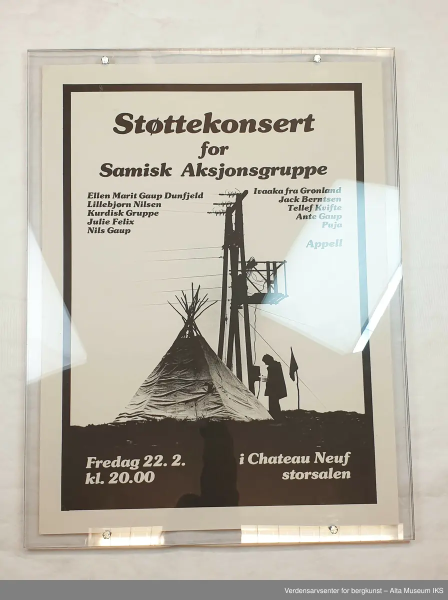 Fire plakater fra Altasaken, produsert av Folkeaksjonen mot utbygging av Alta-Kautokeinovassdraget. Plakatene omhandler henholdsvis støttekonsert for samisk aksjonsgruppe, Stillamarsjen 80, demonstrasjonstog mot de nye angrepene på vassdraget og kart over Alta-Kautokeinovassdraget.