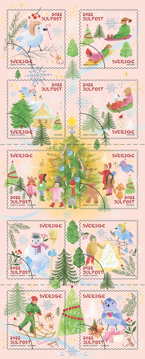 Tio frimärken i häfte med fem olika motiv från utgivningen "En magisk jul". Julfrimärke med valör 12 kr.