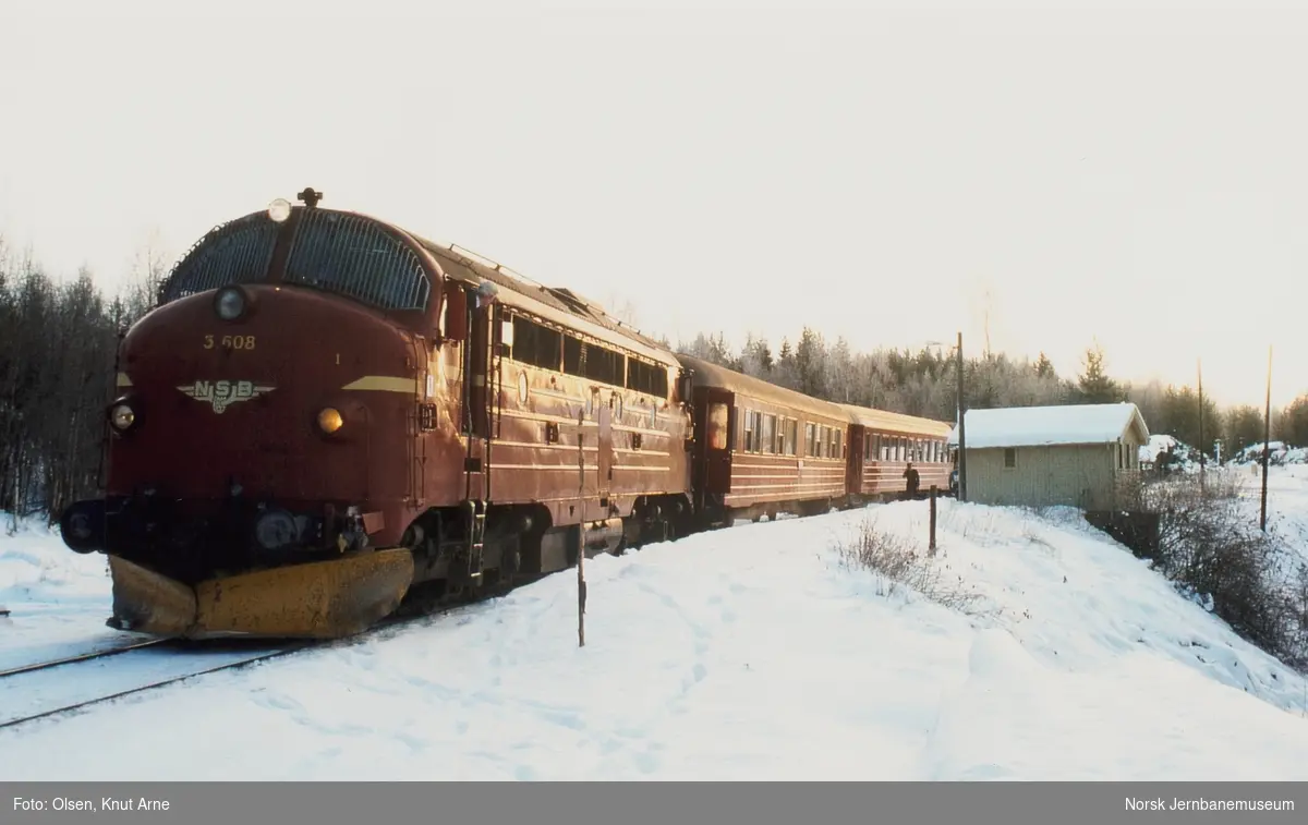 Diesellokomotiv Di 3 608 med persontog til Fagernes, tog 281, på Fall holdeplass