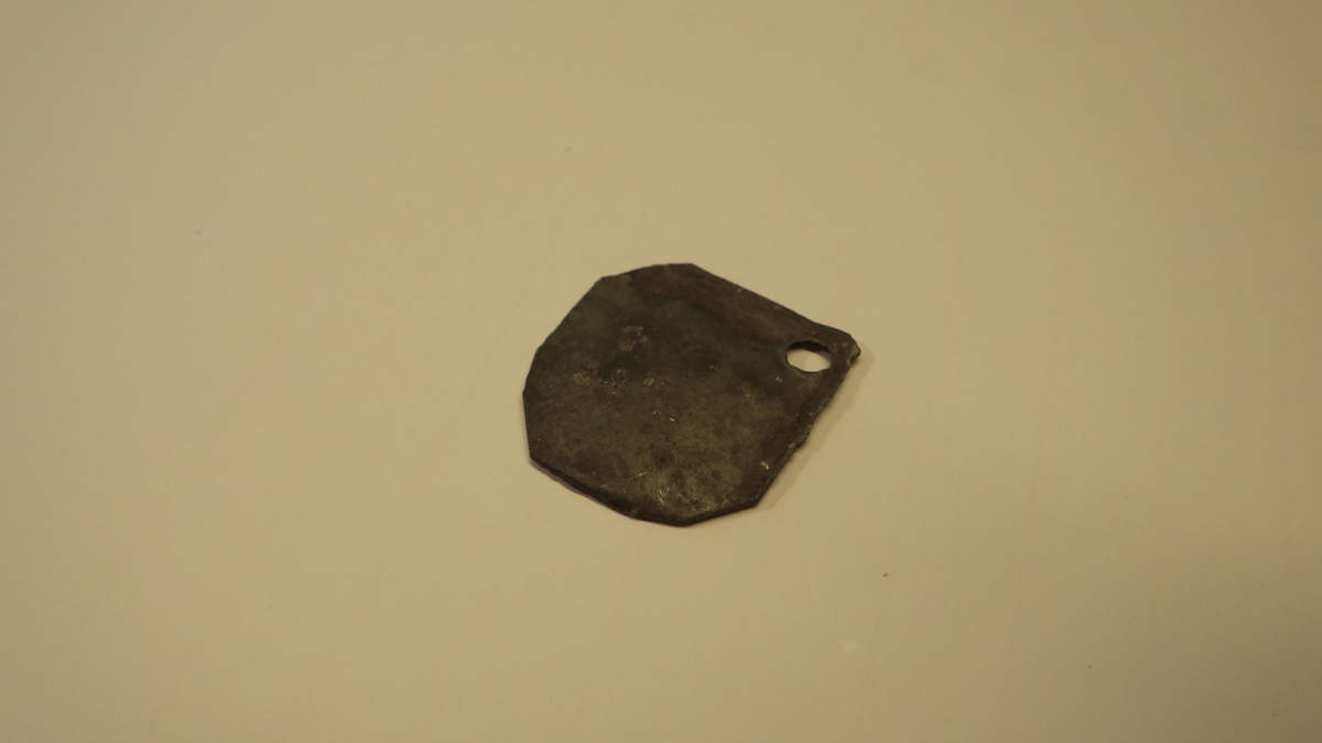 Liten og tilnærmet firkantet plate i tynt metall med tre buede hjørner og et naglehull i det siste hjørnet. Platens kanter ser ut til å være klippet. Gjenstanden har ingen tegn til dekor. Naglehullet tyder på at dette kan være et lite beslag. 