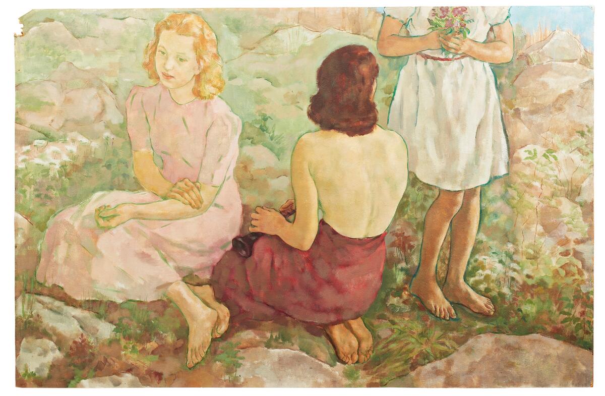 1940 olja på masonit i 13 delar. Donation år 2015. Sommaren 1940 vistades Lotte Laserstein på Stenvik utanför Mariefred. Stenvik ägdes då av familjen Sjögren. Karin Hallin (född Sjögren) arbetade vid denna tid på det ansedda Galerie Moderne i Stockholm. Troligen kom Laserstein i kontakt med Sjögren på Stenvik genom konstgalleriet. Som tack för vistelsen målade Laserstein denna väggmålning åt värdparet, anpassad till ett speciellt rum i villan. I målningen figurerar olika personer som ingick i konstnärinnans närhet sommaren 1940. Lotte Laserstein föddes i Ostpreussen. Hon gick ut konstskolan Vereinigte Staatsschulen für freie und angewandte Kunst i Berlin 1927 och blev snabbt uppmärksammad för sitt porträttmåleri. Hon fick stora framgångar, men i och med nazisternas maktövertagande 1933 avbröts hennes lovande karriär. Laserstein fick som judinna allt svårare att utöva sitt yrke i Tyskland, men genom en utställning på Galerie Moderne i Stockholm 1937 öppnades en möjlighet för henne att lämna sitt hemland. Genom att ingå ett skenäktenskap kunde hon bli svensk medborgare och stanna i Sverige. Hon var först bosatt i Stockholm och senare i Kalmar. Hennes mor som var kvar i Tyskland dog 1943 i koncentrationslägret Ravensbrück efter att ha blivit nekad inresetillstånd till Sverige.Laserstein fortsatte att måla även efter flykten till Sverige. Hon etablerade sig som porträttmålare och har utfört ett stort antal representativa och karaktäristiska porträtt för offentlig miljö och privata hem, bland andra av Torgny Segerstedt som också ingår i Kalmar konstförenings samling. Sternverdunkelung var namnet på Judiska Museets utställning om henne och poeten och nobelpristagaren Nelly Sachs sommaren 2005, en påminnelse om två tysk-judiska kvinnor som båda tvingades i exil och kom till Sverige. Utställningar i London 1987 innebar början på en internationell återupptäckt av hennes konstnärskap. Två prestigefyllda Londongallerier ställde ut hennes verk under titeln: Lotte Laserstein: Paintings and Drawings from Germany and Sweden, 1920–1970. År 2003 fick hon en förnyad uppmärksamhet också i Tyskland genom en utställning på Museum Ephraim-Palais i Berlin. Meine einzige Wirklichkeit var temat för Berlinutställningen, ett citat från Laserstein som såg konsten som den verklighet hon levde i och för. Verklista för samlingsutställningen 2016, Kalmar konstmuseum