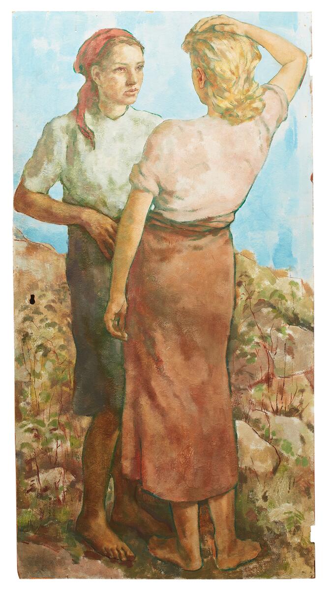 1940 olja på masonit i 13 delar. Donation år 2015. Sommaren 1940 vistades Lotte Laserstein på Stenvik utanför Mariefred. Stenvik ägdes då av familjen Sjögren. Karin Hallin (född Sjögren) arbetade vid denna tid på det ansedda Galerie Moderne i Stockholm. Troligen kom Laserstein i kontakt med Sjögren på Stenvik genom konstgalleriet. Som tack för vistelsen målade Laserstein denna väggmålning åt värdparet, anpassad till ett speciellt rum i villan. I målningen figurerar olika personer som ingick i konstnärinnans närhet sommaren 1940. Lotte Laserstein föddes i Ostpreussen. Hon gick ut konstskolan Vereinigte Staatsschulen für freie und angewandte Kunst i Berlin 1927 och blev snabbt uppmärksammad för sitt porträttmåleri. Hon fick stora framgångar, men i och med nazisternas maktövertagande 1933 avbröts hennes lovande karriär. Laserstein fick som judinna allt svårare att utöva sitt yrke i Tyskland, men genom en utställning på Galerie Moderne i Stockholm 1937 öppnades en möjlighet för henne att lämna sitt hemland. Genom att ingå ett skenäktenskap kunde hon bli svensk medborgare och stanna i Sverige. Hon var först bosatt i Stockholm och senare i Kalmar. Hennes mor som var kvar i Tyskland dog 1943 i koncentrationslägret Ravensbrück efter att ha blivit nekad inresetillstånd till Sverige.Laserstein fortsatte att måla även efter flykten till Sverige. Hon etablerade sig som porträttmålare och har utfört ett stort antal representativa och karaktäristiska porträtt för offentlig miljö och privata hem, bland andra av Torgny Segerstedt som också ingår i Kalmar konstförenings samling. Sternverdunkelung var namnet på Judiska Museets utställning om henne och poeten och nobelpristagaren Nelly Sachs sommaren 2005, en påminnelse om två tysk-judiska kvinnor som båda tvingades i exil och kom till Sverige. Utställningar i London 1987 innebar början på en internationell återupptäckt av hennes konstnärskap. Två prestigefyllda Londongallerier ställde ut hennes verk under titeln: Lotte Laserstein: Paintings and Drawings from Germany and Sweden, 1920–1970. År 2003 fick hon en förnyad uppmärksamhet också i Tyskland genom en utställning på Museum Ephraim-Palais i Berlin. Meine einzige Wirklichkeit var temat för Berlinutställningen, ett citat från Laserstein som såg konsten som den verklighet hon levde i och för. Verklista för samlingsutställningen 2016, Kalmar konstmuseum