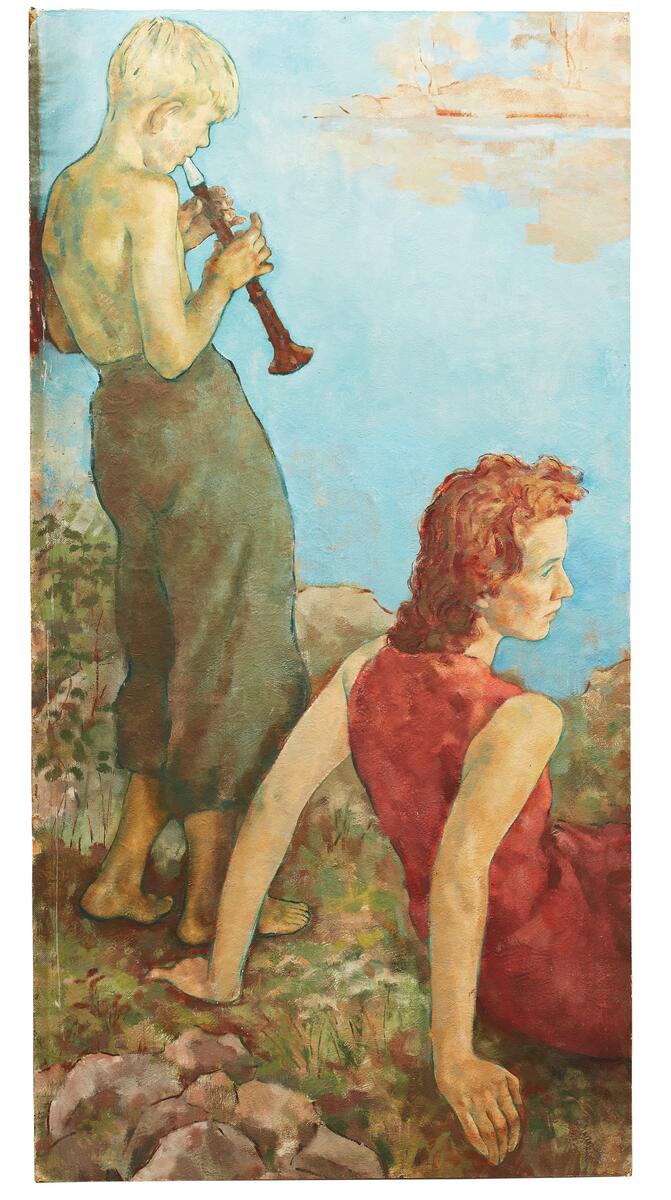 1940 olja på masonit i 13 delar. Donation år 2015. Sommaren 1940 vistades Lotte Laserstein på Stenvik utanför Mariefred. Stenvik ägdes då av familjen Sjögren. Karin Hallin (född Sjögren) arbetade vid denna tid på det ansedda Galerie Moderne i Stockholm. Troligen kom Laserstein i kontakt med Sjögren på Stenvik genom konstgalleriet. Som tack för vistelsen målade Laserstein denna väggmålning åt värdparet, anpassad till ett speciellt rum i villan. I målningen figurerar olika personer som ingick i konstnärinnans närhet sommaren 1940. Lotte Laserstein föddes i Ostpreussen. Hon gick ut konstskolan Vereinigte Staatsschulen für freie und angewandte Kunst i Berlin 1927 och blev snabbt uppmärksammad för sitt porträttmåleri. Hon fick stora framgångar, men i och med nazisternas maktövertagande 1933 avbröts hennes lovande karriär. Laserstein fick som judinna allt svårare att utöva sitt yrke i Tyskland, men genom en utställning på Galerie Moderne i Stockholm 1937 öppnades en möjlighet för henne att lämna sitt hemland. Genom att ingå ett skenäktenskap kunde hon bli svensk medborgare och stanna i Sverige. Hon var först bosatt i Stockholm och senare i Kalmar. Hennes mor som var kvar i Tyskland dog 1943 i koncentrationslägret Ravensbrück efter att ha blivit nekad inresetillstånd till Sverige.Laserstein fortsatte att måla även efter flykten till Sverige. Hon etablerade sig som porträttmålare och har utfört ett stort antal representativa och karaktäristiska porträtt för offentlig miljö och privata hem, bland andra av Torgny Segerstedt som också ingår i Kalmar konstförenings samling. Sternverdunkelung var namnet på Judiska Museets utställning om henne och poeten och nobelpristagaren Nelly Sachs sommaren 2005, en påminnelse om två tysk-judiska kvinnor som båda tvingades i exil och kom till Sverige. Utställningar i London 1987 innebar början på en internationell återupptäckt av hennes konstnärskap. Två prestigefyllda Londongallerier ställde ut hennes verk under titeln: Lotte Laserstein: Paintings and Drawings from Germany and Sweden, 1920–1970. År 2003 fick hon en förnyad uppmärksamhet också i Tyskland genom en utställning på Museum Ephraim-Palais i Berlin. Meine einzige Wirklichkeit var temat för Berlinutställningen, ett citat från Laserstein som såg konsten som den verklighet hon levde i och för. Verklista för samlingsutställningen 2016, Kalmar konstmuseum
