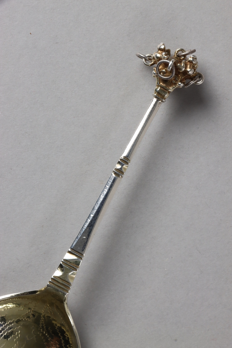 Brännvinssked av silver, med förgyllt skedblad och förgyllt dekorelement på handtaget. Skeden är utsågad ur plåt och har sedan fått drivet och graverat skedblad samt slagen ytdekor på handtaget. I änden sitter ett gjutet dekorelement med fem fastlödda ringar, i vilka sitter varsin större silverring och skramlar lite. Graverat på skedbladets undersida: NNS BED (delvis svårtytt). Stämplat på handtagets undersida: (svårtytt) stadsstämpel -  bockhuvud, CBM, A.