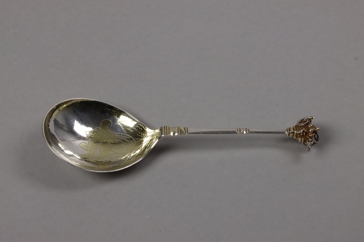 Brännvinssked av silver, med förgyllt skedblad och förgyllt dekorelement på handtaget. Skeden är utsågad ur plåt och har sedan fått drivet och graverat skedblad samt slagen ytdekor på handtaget. I änden sitter ett gjutet dekorelement med fem fastlödda ringar, i vilka sitter varsin större silverring och skramlar lite. Graverat på skedbladets undersida: NNS BED (delvis svårtytt). Stämplat på handtagets undersida: (svårtytt) stadsstämpel -  bockhuvud, CBM, A.