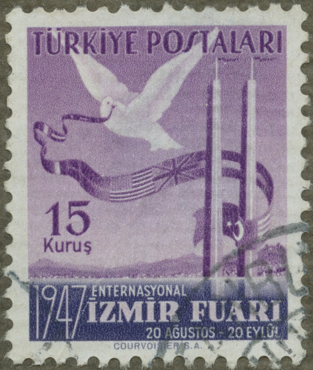 Frimärke ur Gösta Bodmans filatelistiska motivsamling, påbörjad 1950. Frimärke från Turkiet, 1947. Motiv av "Symbol för internationell handel och industri. - Till Mässan i Izmir. -"