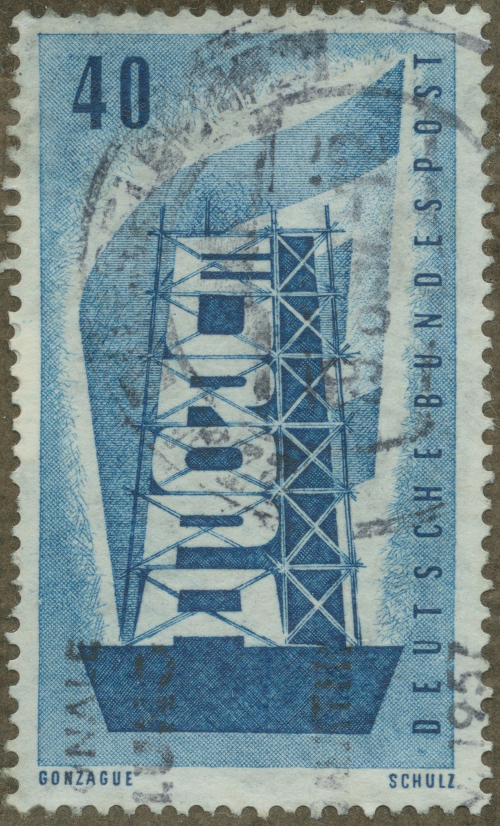 Frimärke ur Gösta Bodmans filatelistiska motivsamling, påbörjad 1950. Frimärke från Väst Tyskland, 1958. Motiv av "Järn byggnadsställning - inskription Europa - symbol för samarbetet emellan de 6 länder i Kol-& Stål Blocket."