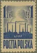 Frimärke ur Gösta Bodmans filatelistiska motivsamling, påbörjad 1950. Frimärke från Polen, 1945. Motiv av Fabriker i staden Lodz i Polen. 