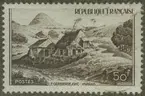 Frimärke ur Gösta Bodmans filatelistiska motivsamling, påbörjad 1950. Frimärke från Frankrike, 1949. Motiv av Berglandskap i Vivaraistrakten 