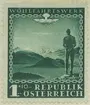 Frimärke ur Gösta Bodmans filatelistiska motivsamling, påbörjad 1950. Frimärke från Österrike, 1945. Motiv av Österrikiskt Berglandskap 