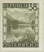 Frimärke ur Gösta Bodmans filatelistiska motivsamling, påbörjad 1950. Frimärke från Österrike, 1945. Motiv av Landbath Sjön