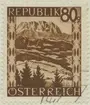 Frimärke ur Gösta Bodmans filatelistiska motivsamling, påbörjad 1950. Frimärke från Österrike, 1945. Motiv av Kaiser bergskedjan